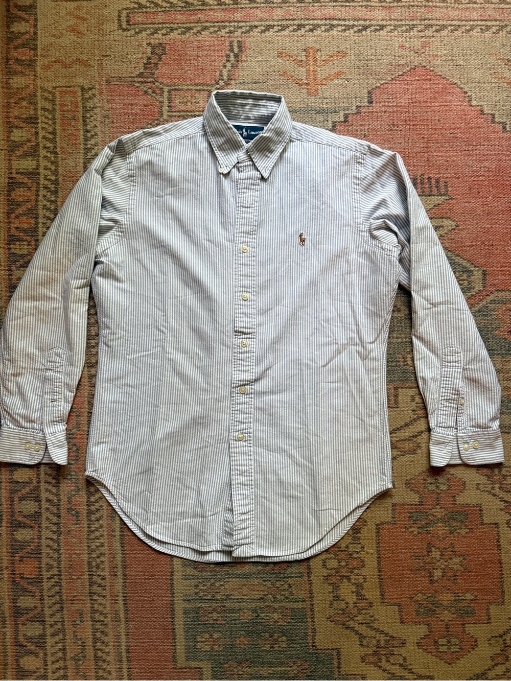 Ralph Lauren White and Blue Thin-Stripe Button-Down Shirt